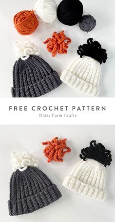 crocheted hats with different colors and sizes are shown in the same row, one is