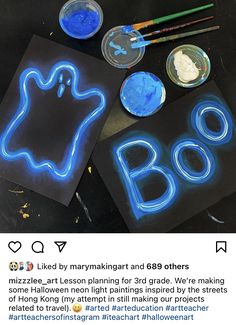 two pictures with neon lights and paint on them that say boo spelled by marymaking and 8 other items