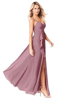 a woman in a long purple dress with a slit down the side and one leg