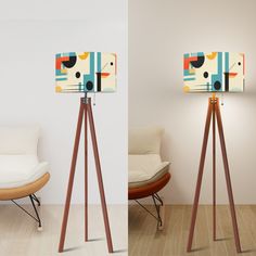 two pictures of a floor lamp and a chair in a room with white walls, one has a painting on it