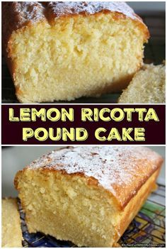 lemon ricotta pound cake with powdered sugar on top, and the bottom half eaten