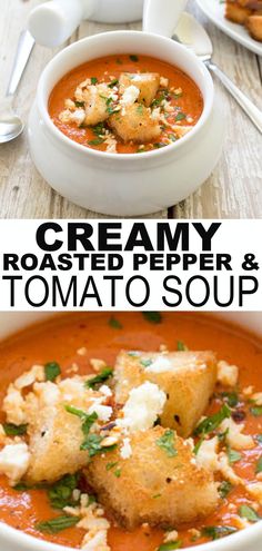 creamy roasted pepper and tomato soup with bread croutons on the side, served in white bowls