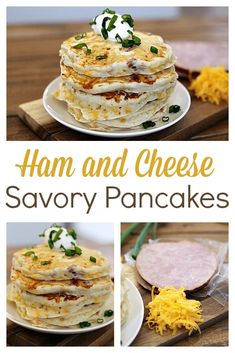 ham and cheese savory pancake recipe on a white plate with text overlay