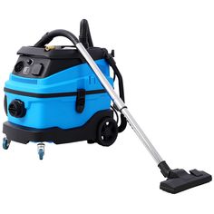 a blue and black vacuum cleaner on wheels with a hose attached to the top of it