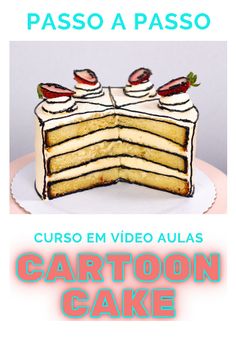 a cake with white frosting and strawberries on top is shown in the spanish language