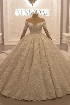 Ball Gown Long Sleeves Wedding Dresses With Appliques Flowers Beadings-Ballbella Wedding Dresses With Long Train, Cheap Wedding Dress Boho, Elegant Evening Dresses Long, Extravagant Wedding Dresses, Online Wedding Dresses, White Bridal Dresses, Prom Dresses Long Lace, Boda Mexicana, Kente Cloth