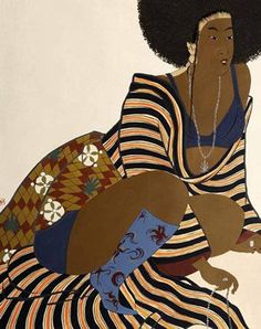 a painting of a woman with an afro sitting on the ground and holding a fan