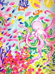 an abstract painting with colorful flowers and fish