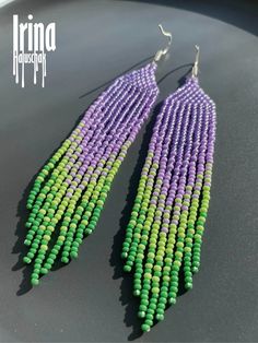 Violet Seed Bead Earrings Green Beaded Earrings Gradient Czech | Etsy Ukraine Purple Tassel Drop Earrings With Dangling Beads, Purple Beaded Fringe Earrings For Gift, Purple Beaded Fringe Drop Earrings, Purple Earrings With Beaded Fringe, Bohemian Purple Earrings With Tiny Beads, Purple Jewelry With Beaded Fringe And Round Beads, Purple Beaded Dangle Earrings With Tiny Beads, Purple Beaded Dangle Tassel Earrings, Lavender Beaded Drop Earrings