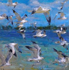 a painting of seagulls flying over the ocean