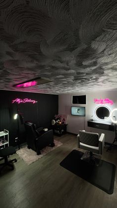 a living room filled with furniture and a neon sign on the wall above it's mirror