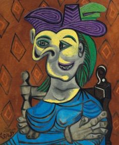 a painting of a woman holding a knife and wearing a purple hat with green hair