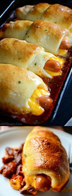 two pictures of different types of food in pans and one has cheese on it