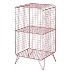 a pink wire shelf with three shelves on top and one in the middle, against a white background