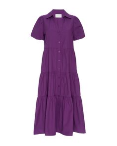 Runs true to size Washed cotton finish Relaxed fit 50" Tiered skirt V-neckline Puff sleeves Button front placket Imported Model is 5'9" and is wearing a size Small Dress Construction, Havana Dress, Brochu Walker, Purple Midi Dress, Rich Purple, Easy Breezy, Mid Dresses, Tiered Skirt, Puff Sleeves