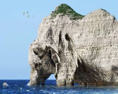 an elephant standing in the ocean next to a rock formation