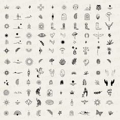 a large collection of different tattoo designs on a white background, including flowers and plants