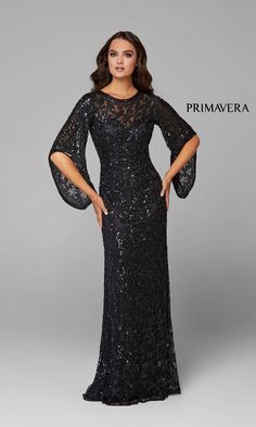 Long beaded formal evening gown by Primavera with bell sleeves Black Evening Gown Elegant, Beaded Bell, Beaded Evening Gowns, Black Evening Gown, Long Sleeve Evening Gowns, Mother Of The Bride Gown, Couture Style, Evening Gowns Elegant, Long Evening Gowns