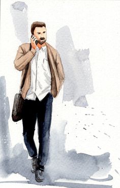 a watercolor painting of a man walking while talking on a cell phone and holding a briefcase