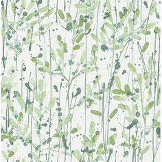 a green and white wallpaper with plants on it