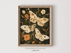 a painting of moths and flowers on a white wall with the words cedar grove gallery above it