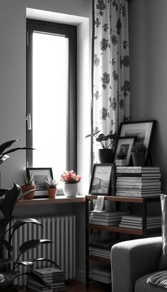 black and white photograph of a living room with flowers on the window sill next to a couch