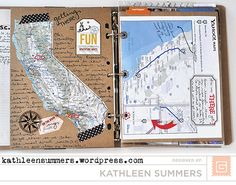 an open book with maps and stickers on it