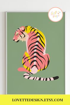 a painting of a tiger sitting on the ground with text overlay that reads lovetdesign etsy com