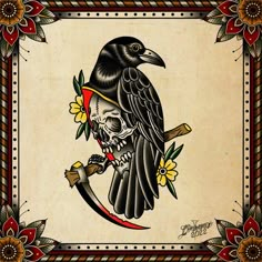 a black bird sitting on top of a flowered branch next to a skull and dagger