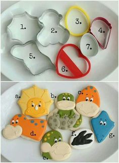 some cookies are sitting on a plate with numbers and animals in them, as well as an image of the cookie cutters