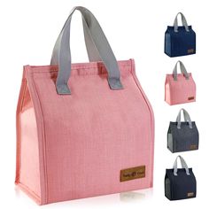 an image of a pink and blue lunch bag with two handles on each side, four different colors to choose from