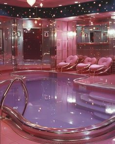 an indoor swimming pool with pink chairs around it