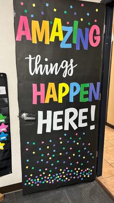 an open door with the words amazing things happen here written on it and colorful confetti sprinkles