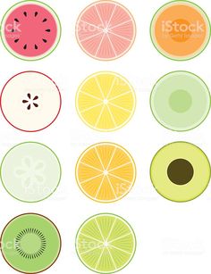 a bunch of different kinds of fruit on a white background, including kiwis, oranges, lemons and watermelon