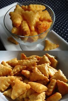 there are two pictures of different foods in the same bowl and one is filled with chicken nuggies