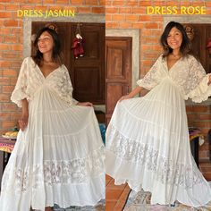 "Handmade bohemian lace trim wedding dress. Bat wing sleeves with ruffled. Elastic waist. Lined. Adjustable with strings at the back. 100% soft Cotton and soft lace fabric. Color Off white beige. NOTE: THE COLOR OF THE DRESS IN OFF WHITE BEIGE ARE SAME AS THE DRESS MONO COLOR. Measurements:  Chest up to 52\" Waist 22-23 stretch up to 52 \" Length 54-55 inches. (AFTER IRON THE LENGTH WILL BE 55 INCHES) Sleeve 18\" Hip. 52\" ( measure from the inside lining) CARE: Machine wash cold. NOTE: DHL fast Free Size Maxi Length Wedding Dress, Flowy Bohemian Dress With Empire Waist, Traditional Lace Maxi Dress For Wedding, Bohemian Boho Dress With Lace Trim And V-neck, Flowy Boho Dress With Lace Trim For Festival, Bohemian Long Summer Gown, Bohemian Empire Waist Dress, Bohemian Maxi Beach Gown, White Bohemian Summer Gown