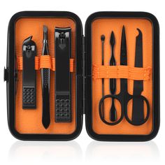 PRICES MAY VARY. [Men Women Manicure Set] With a unique black + orange color scheme, this nail clipper set is suitable for both men and women. Multifunctional travel manicure set includes hand care,facial care,foot care tools(Contains large nail clippers, small oblique nail clippers, eyebrow scissors, eyebrow tweezer, ear pick, nail file, nail cleaner, portable travel PU case). [Small and Convenient] Our nail grooming kit with a portable PU leather case that is easily opened/closed simply by a p Men Nail, Eyebrow Scissors, Basic Nail, Nail Care Tools, Orange Color Scheme, Anniversary Gift For Friends, Tools Gift, Travel Partner, Stocking Stuffers For Men