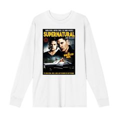 the supernatural movie poster on a white long - sleeved t - shirt with an image of two men standing next to each other