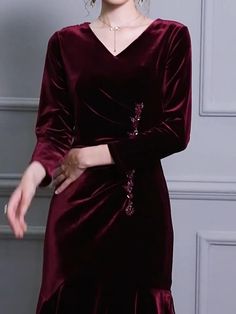 Elegant V-neck Velvet Wedding Dress, Elegant Burgundy Evening Dress, Elegant Velvet Evening Dress For Dinner, Formal Burgundy Velvet Dress, Burgundy Velvet Dress For Formal Occasions, Elegant Burgundy Velvet Party Dress, Elegant Long Sleeve Velvet Wedding Dress, Elegant Long Sleeve Burgundy Evening Dress, Elegant Burgundy Cocktail Evening Dress