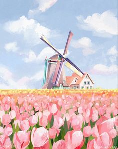 a painting of a windmill in the middle of a field of tulips with pink flowers