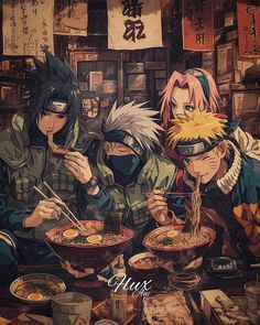 three anime characters are eating noodles at a table with chopsticks in their hands