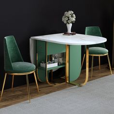 a dining table with two green chairs and a white marble top in front of a black wall