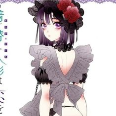 an anime character with purple hair and flowers in her hair, wearing a corset