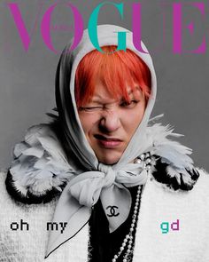 a woman with red hair wearing a white coat and pearls on her head, in front of a magazine cover