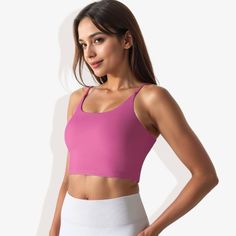 The Anna-Kaci Women's Scoop Neck Stretchy Cropped Sports Bra is a perfect blend of comfort and functionality for your athletic wardrobe. This sports bra features a scoop neckline and a cropped design, providing a modern and stylish look. Made with double-layering and 4-way stretch fabric, it ensures excellent support and flexibility during workouts. The padded cups offer additional comfort and support, making it ideal for various physical activities. Whether you're hitting the gym, going for a r Pink Compressive Sports Bra, Solid Sports Bra With Built-in Bra For Light Sports, Pink Gym Tops, Solid Sports Bra For Light Sports, Pink Athletic Fit Tops For Sports, Pink Breathable Athletic Fit Sports Bra, Solid Color Sports Bra For Athletics, Compressive Breathable Pink Sports Bra, Scoop Neck Activewear With Built-in Bra For Sports