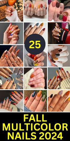 Multicolor Fall Nails Ideas, Multi Color Fall Nails, Multicolor Fall Nails, Multi Colored Nails Fall, Fall Multicolor Nails, Almond Acrylic, Colour Tip Nails