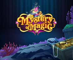 the logo for mystery of magic, with an open chest and gold coins in it