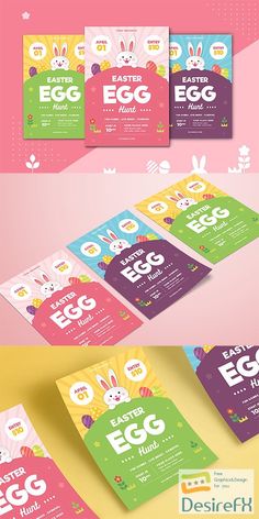 an easter egg hunt flyer is shown in three different colors