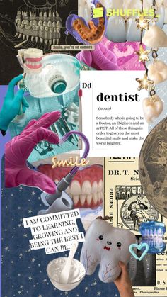 a collage of toothbrushes, dental floss, and other items are featured in this image