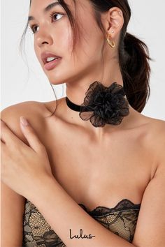 Achieve that on-trend look with ease when you pair the Lulus Dramatic Radiance Black Velvet Flower Choker Necklace with your going-out 'fit! Plush velvet shapes the band of this iconic choker necklace that boast a large, oversized tulle rosette at one side, for a perfectly Y2K-inspired vibe! Lobster clasp closure. Necklace measures 11. 5" long with a 4. 25" extender chain. 90% Polyester, 10% Iron. Imported. Lulus | Dramatic Radiance Black Velvet Flower Choker Necklace. Formal Black Tie Wedding Guest, Formal Black Tie Wedding, Black Velvet Flower, Black Tie Wedding Guest Dresses, Black Tie Wedding Guest, Black Tie Wedding Guest Dress, Rose Choker, Velvet Flower, Sophisticated Hairstyles